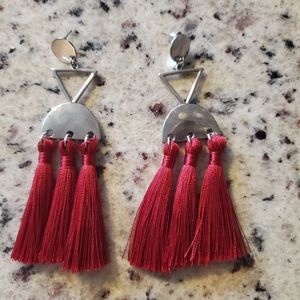 Red and silver fringe earrings